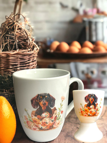 Kaffeebecher Dackel im blumigen Osterei